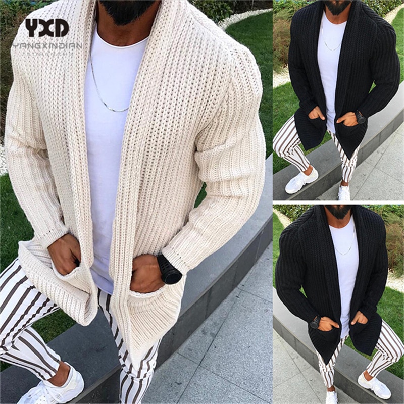 Men Clothes Winter Turn Down Collar Long Cardigan Men Casual Solid Warm Long Sleeve Sweater Striped Jacquard Slim Homme Knitwear